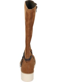Brown suede knee-high boot with a textured surface, featuring a zip closure, black laces, and a white rubber sole.
