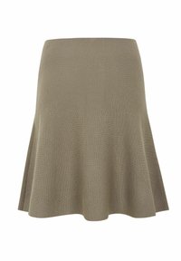 Fustă tricotată tip A-line, de culoare verde măsliniu, cu un model texturat și tiv evazat.