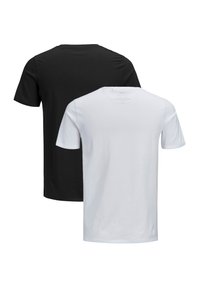 Kurzarm-T-Shirts in Schwarz und Weiß. Beide aus glattem Baumwollstoff mit klassischem Rundhalsausschnitt und geradem Saum. Einfaches Design, keine Muster.