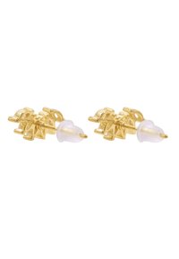 Orecchini in tonalità oro con un design floreale che presenta un accento in perla opalescente. Gli orecchini hanno una finitura lucida e una chiusura a farfalla.