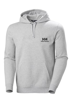 Grijze hoodie met een kangoeroezak, trekkoordcapuchon en zwart Helly Hansen-logo op de borst. Gemaakt van zacht materiaal, met ribgebreide manchetten.