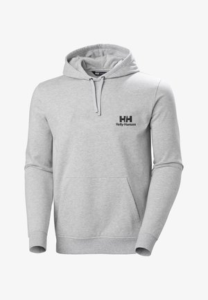 Grijze hoodie met een kangoeroezak, trekkoordcapuchon en zwart Helly Hansen-logo op de borst. Gemaakt van zacht materiaal, met ribgebreide manchetten.