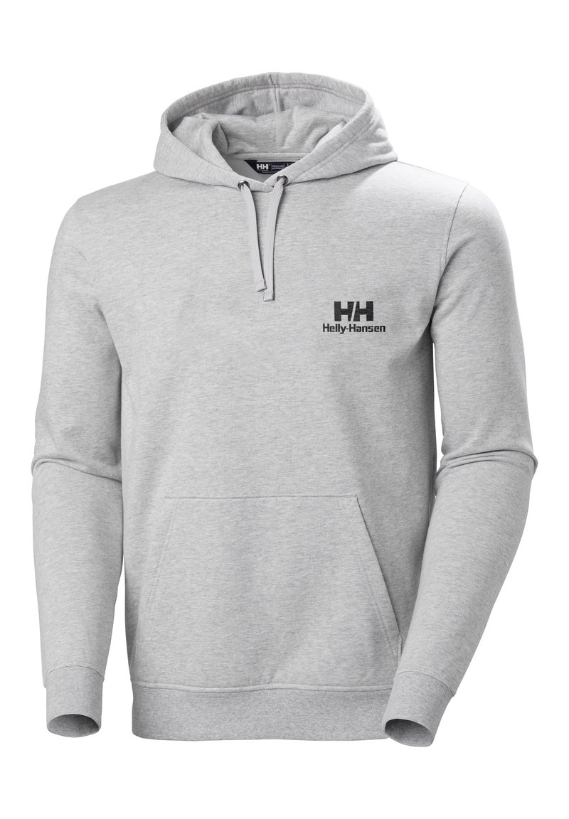 Sudadera gris con bolsillo canguro, capucha con cordón y logo negro de Helly Hansen en el pecho. Hecha de un material suave, con puños acanalados.
