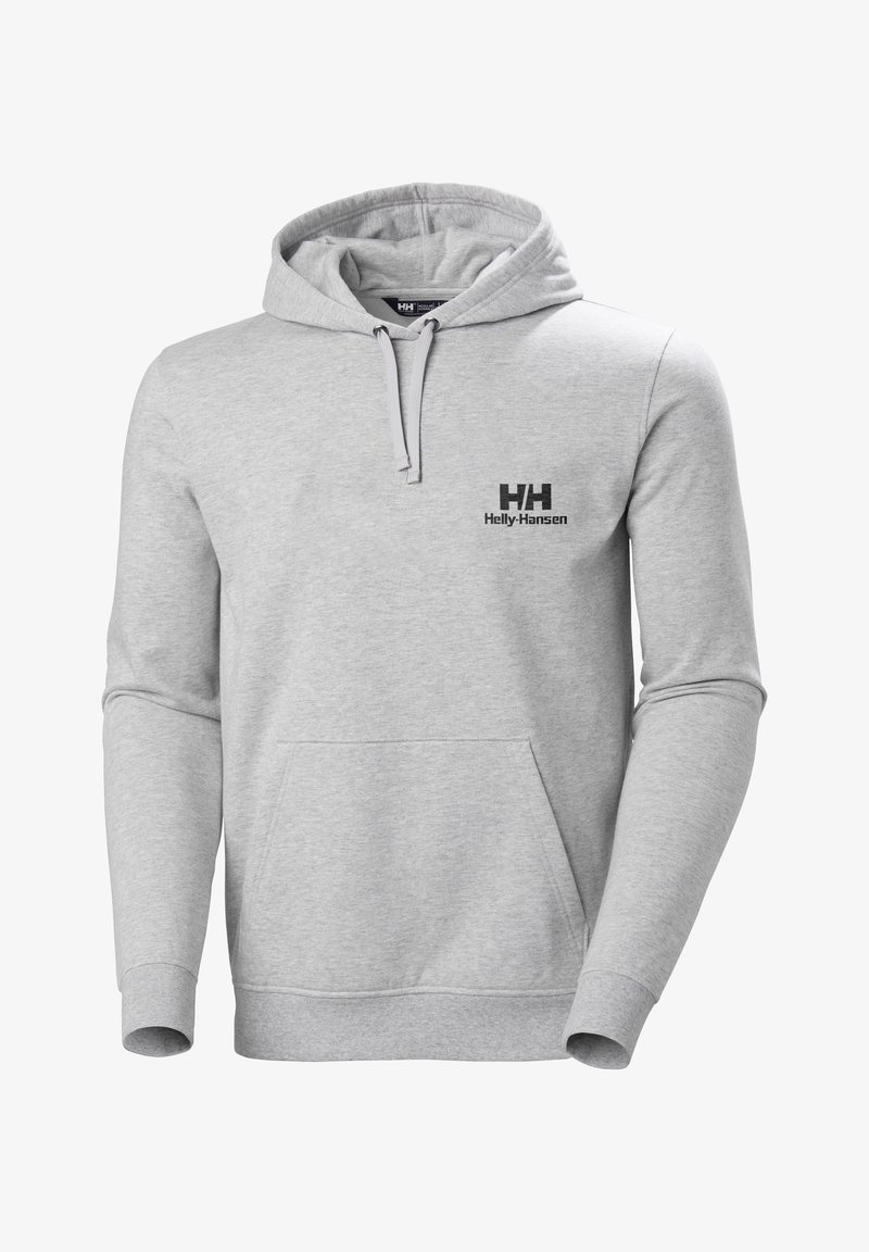 Sudadera gris con bolsillo canguro, capucha con cordón y logo negro de Helly Hansen en el pecho. Hecha de un material suave, con puños acanalados.