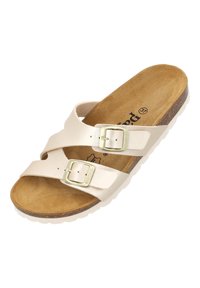 Sandalo in pelle beige con due cinturini regolabili e fibbie metalliche, dotato di una soletta in sughero e una suola in gomma texturizzata.