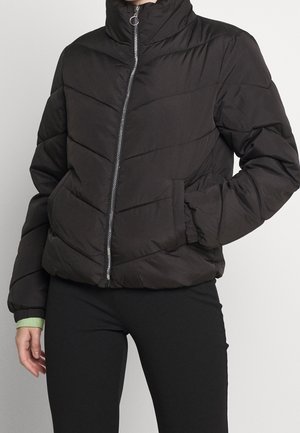 Person wearing a black quilted puffer jacket with high collar, front zipper, and side pockets, paired with black pants.
