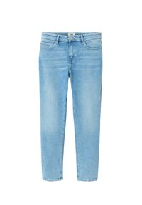 Jean en denim bleu clair avec une coupe droite, un design à cinq poches et des passants de ceinture. Le tissu a une texture lisse avec un léger dégradé.