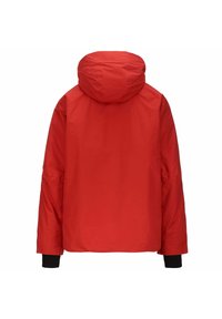 Giacca rossa con cappuccio e maniche lunghe, caratterizzata da una texture uniforme e polsini neri in elastico. La schiena non presenta motivi visibili o dettagli in metallo.