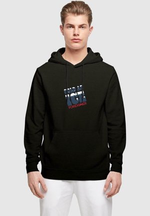 Black hoodie with a kangaroo pocket, featuring a graphic text design in blue and red that reads "COLD AS ICE FOREIGNER."