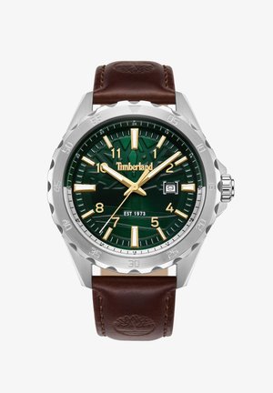 Reloj Timberland con caja de acero inoxidable, esfera verde texturizada, marcadores en tono dorado y correa de cuero marrón con un logo.