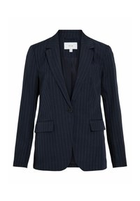Blazer à rayures bleu marine avec revers crantés, manches longues, bouton noir unique et deux poches à rabat.