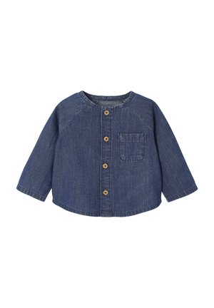 Jeanshemd, dunkelblau, lange Ärmel, runder Ausschnitt, vordere Knopfleiste mit Holzknöpfen, Taschen auf der linken Brust, abgerundeter Saum.