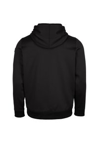 Zwarte sweatshirt met capuchon, lange mouwen, geribbelde manchetten en een effen kleur ontwerp. Gemaakt van een zacht, gestructureerd materiaal. Achteraanzicht getoond.
