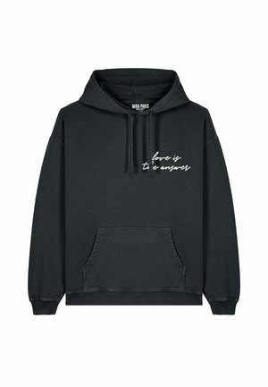 Black hooded sweatshirt made from cotton blend, featuring a front kangaroo pocket and white cursive text: "love is the answer."
