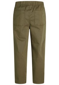 Olijfgroene katoenen broek met een relaxed fit, voorzien van een elastische tailleband en twee achterzakken, met een soepele textuur en zonder zichtbare sluitingen.