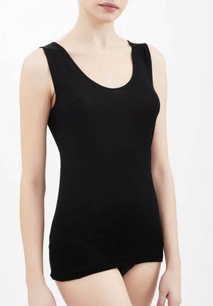 Top nero senza maniche con scollatura rotonda, realizzato in tessuto morbido. Presenta un design aderente e una texture liscia, adatto per essere indossato a strati.