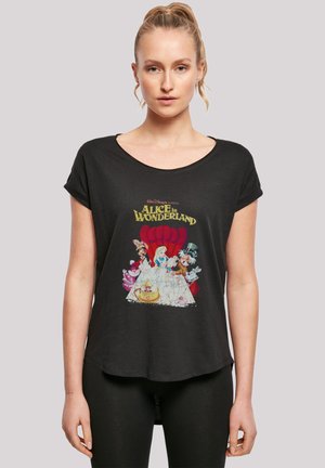 Black short-sleeved t-shirt featuring a colorful graphic print of characters from "Alice in Wonderland" on the front. Soft texture, relaxed fit.