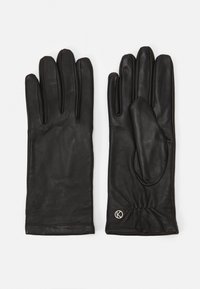 Guanti in pelle nera con una texture liscia, dita affusolate e un piccolo logo vicino al polsino. Presentano un design aderente per garantire calore.