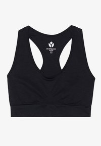 Black sports bra featuring a racerback design, soft fabric, wide elastic band, and subtle gathering at the front, labeled "even&odd ACTIVE."