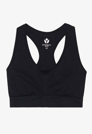 Black sports bra featuring a racerback design, soft fabric, wide elastic band, and subtle gathering at the front, labeled "even&odd ACTIVE."