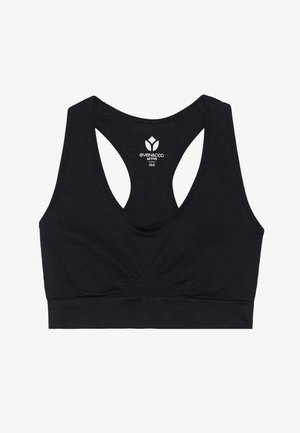 Crni sportski grudnjak s dizajnom leđa tipa racerback, mekanim materijalom, širokom elastičnom trakom i suptilnim nabiranjem sprijeda, označen "even&odd ACTIVE."