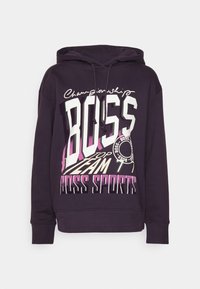 Purple hoodie with drawstring hood, featuring a bold multicolored graphic print that includes "BOSS" and "TEAM BOSS SPORTS" in varying fonts.