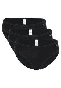 Schwarzes Baumwoll-Bikiniunterwäsche-Set aus drei Teilen, mit einer glatten Textur, elastischem Bund und einem schlichten Design ohne Muster oder Akzente.