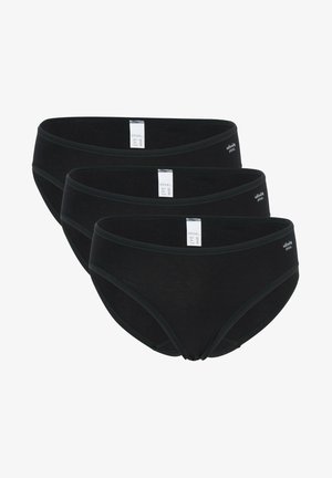 Black cotton bikini underwear set of three, featuring a smooth texture, elastic waistband, and a simple design with no patterns or accents.
