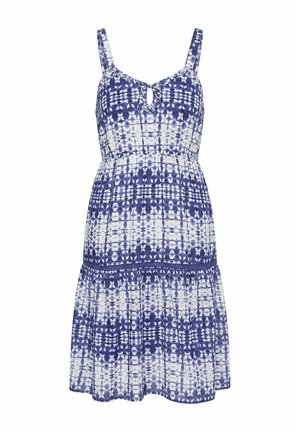 Mouwloze blauw-witte tie-dye jurk met dunne bandjes, keyhole halslijn, elastische taille en gelaagde rok.