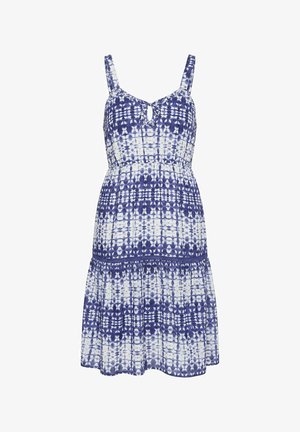 Mouwloze blauw-witte tie-dye jurk met dunne bandjes, keyhole halslijn, elastische taille en gelaagde rok.