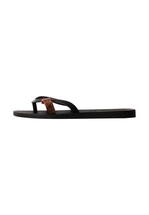 Black flat flip-flop sandal with a leopard print toe post strap and simple black side straps.