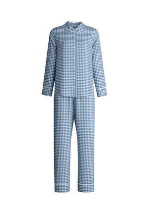 Blue and white gingham patterned pajama set with a collared button-up top and matching pants, featuring cuffed sleeves and hem.