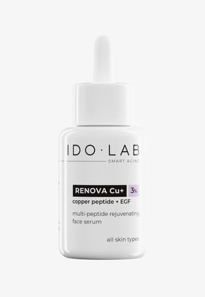 White glass dropper bottle with a white cap, featuring black and lavender label text. Contains a copper peptide face serum, 30ml.
