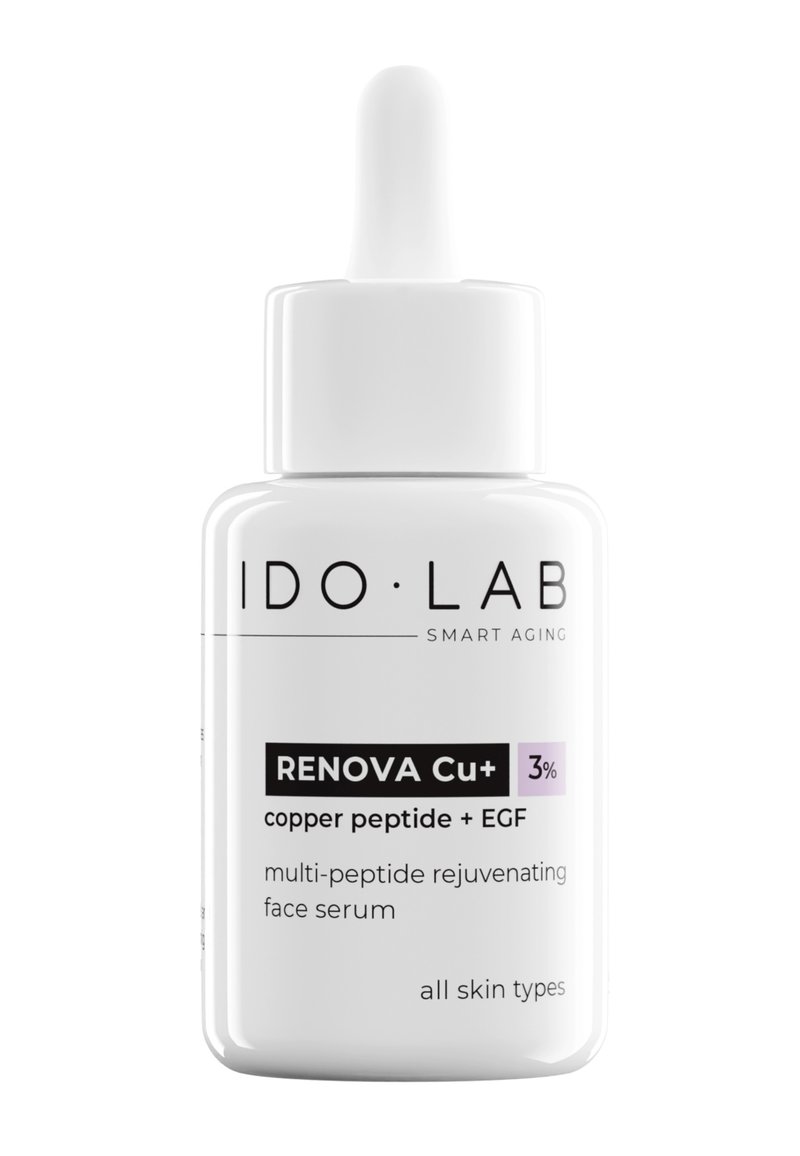 Biała szklana buteleczka z pipetą i białą zakrętką, z etykietą z czarnym i lawendowym tekstem. Zawiera serum do twarzy z peptydami miedzi, 30 ml.