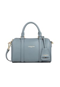 Blauwe leren Lancaster handtas met twee handvaten, afneembare schouderriem, gouden hardware en een geperst logo van het merk aan de voorkant en het label.