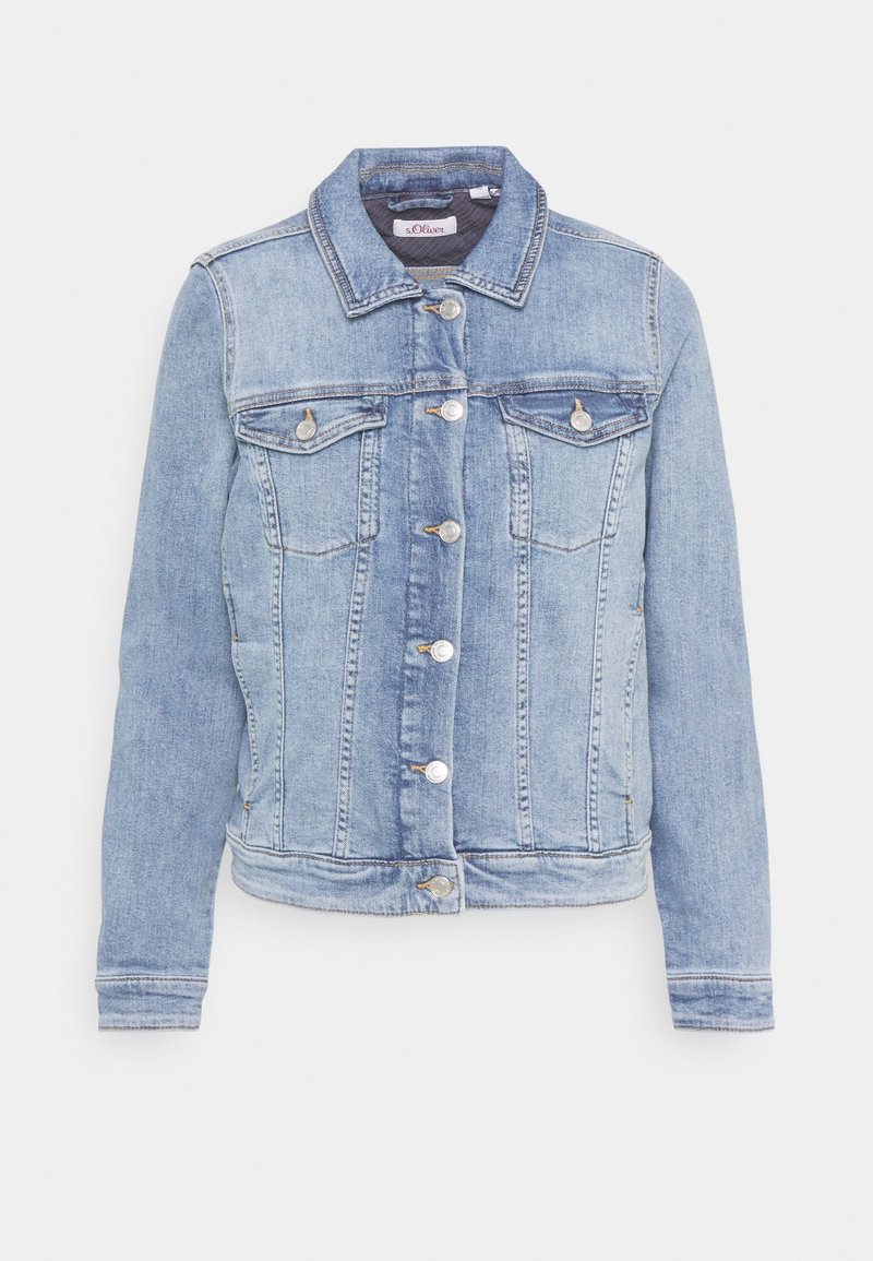 Veste en denim bleu clair avec fermeture à boutons, deux poches poitrine à rabats, manches longues et col classique.