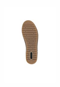 Rubber shoe sole with a patterned tread; features a light brown color with textured grooves and rounded edges for traction.