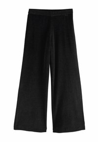 Black wide-leg pants made of soft fabric with a smooth texture. Features an elastic waistband and no visible patterns or hardware.
