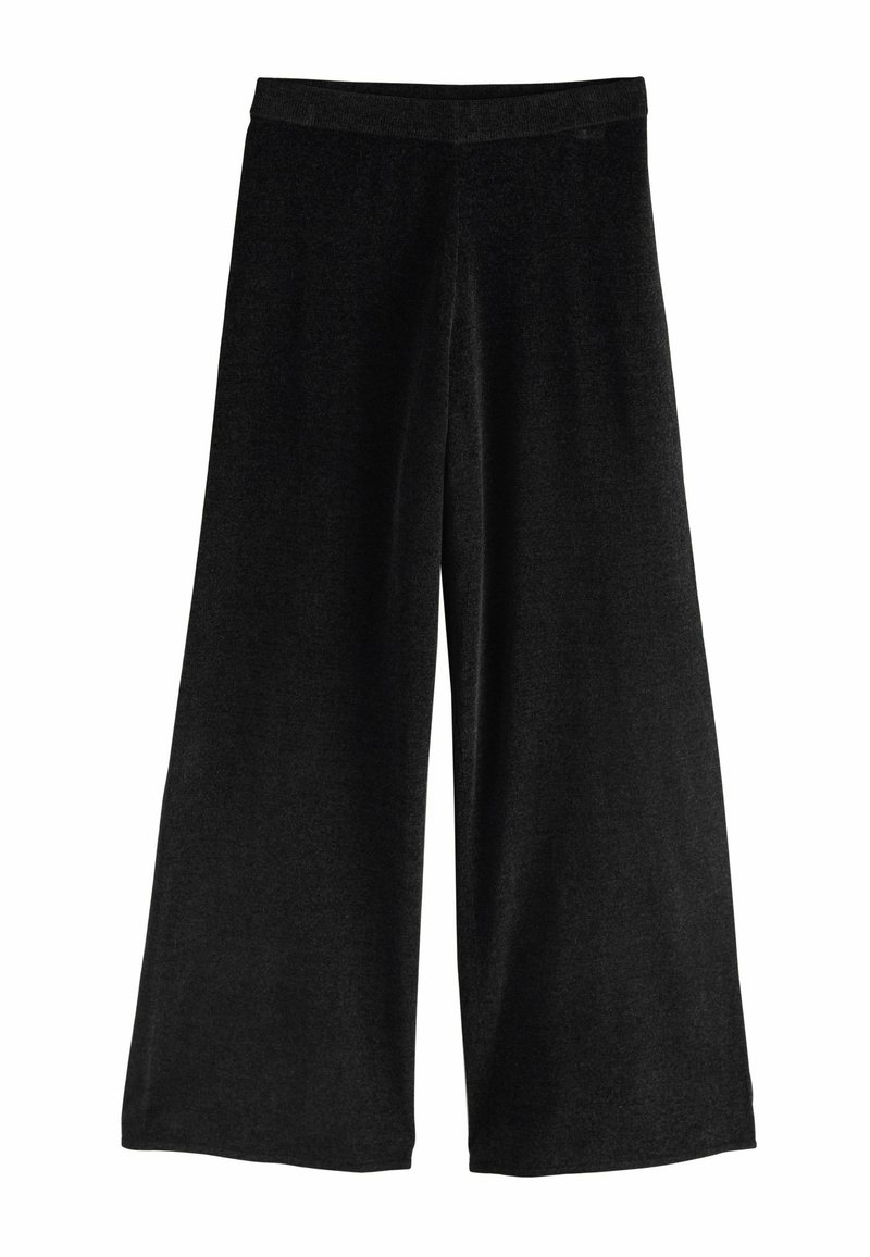 Black wide-leg pants made of soft fabric with a smooth texture. Features an elastic waistband and no visible patterns or hardware.