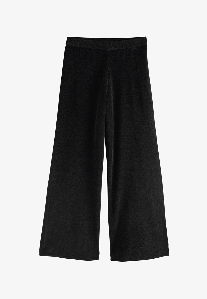 Black wide-leg pants made of soft fabric with a smooth texture. Features an elastic waistband and no visible patterns or hardware.