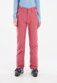Pink ski pants made of durable, water-resistant fabric, featuring a straight leg design, belt loops, and reinforced knee areas.