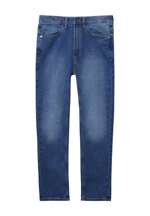 Indigo blauwe denim jeans met een rechte pasvorm, vijf-pocket ontwerp, knoop- en ritssluiting, en lichte vervaging op de bovenbenen.