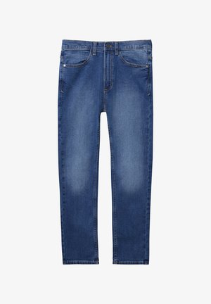 Jeans de mezclilla azul añil con corte recto, diseño de cinco bolsillos, cierre de botón y cremallera, y ligera decoloración en los muslos.