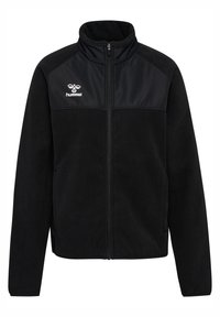 Giacca in pile nera con colletto alto, zip frontale e pannelli sulle spalle a trama. Presenta un logo bianco sul petto sinistro.