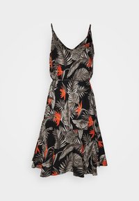 Černé šaty se špagetovými ramínky, které mají tropický květinový vzor v šedé a oranžové barvě. Rozšířený střih s úzkým pasem pro pohodlné nošení.