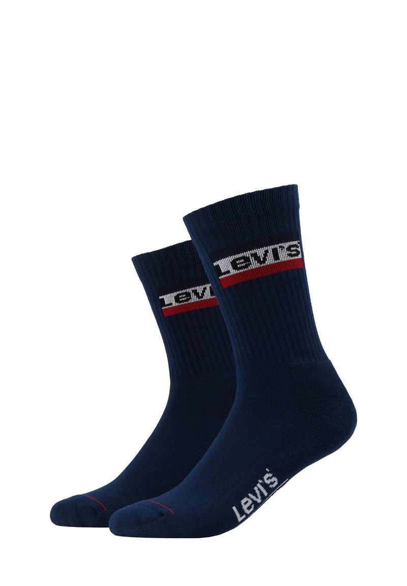 Calcetines de algodón azul marino con puños acanalados, que presentan un logo en blanco y rojo de "Levi's" en el lateral, y texto en el tobillo.