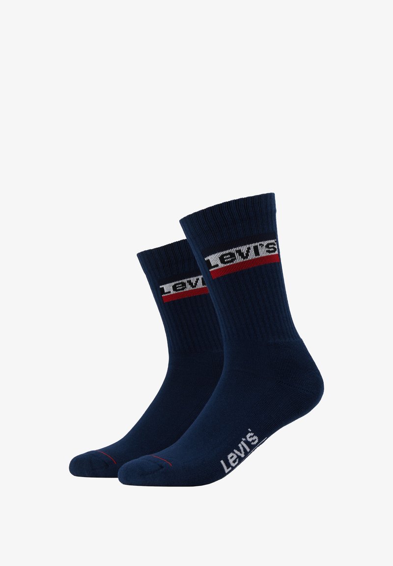 Navy blue cotton socks with ribbed cuffs, featuring a white and red "Levi's" logo on the side, and text at the ankle.