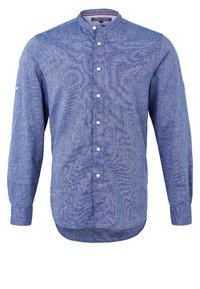 Blå herreskjorte med lange ærmer, hvide knapper og kravebånd, med et tekstureret stof og knapstrop på ærmet.