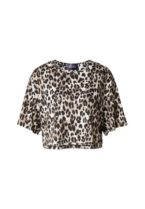 Kurz geschnittenes Shirt aus weichem Stoff mit Leopardenmuster in Beige und Schwarz, kurzen Ärmeln und rundem Ausschnitt.