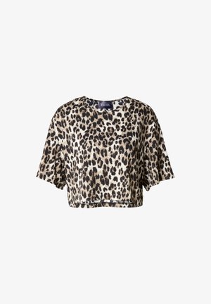 Maglietta corta in tessuto morbido con motivo leopardato beige e nero, maniche corte e scollo rotondo.